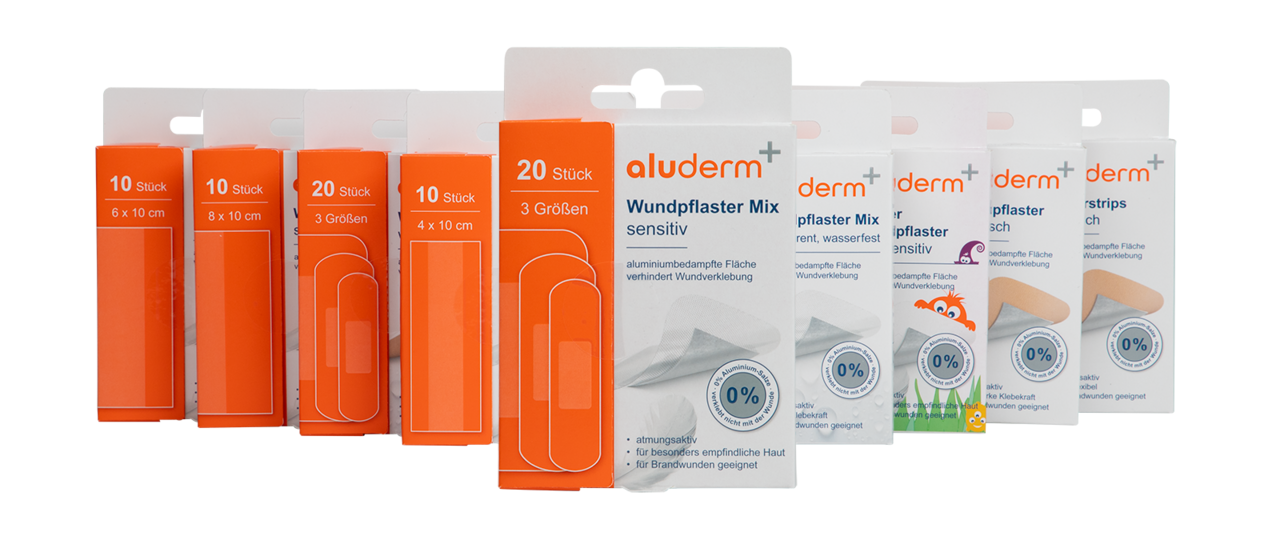 Abgebildet sind unterschiedliche Produktverpackungen des neuen aluderm Produktsortiments. 